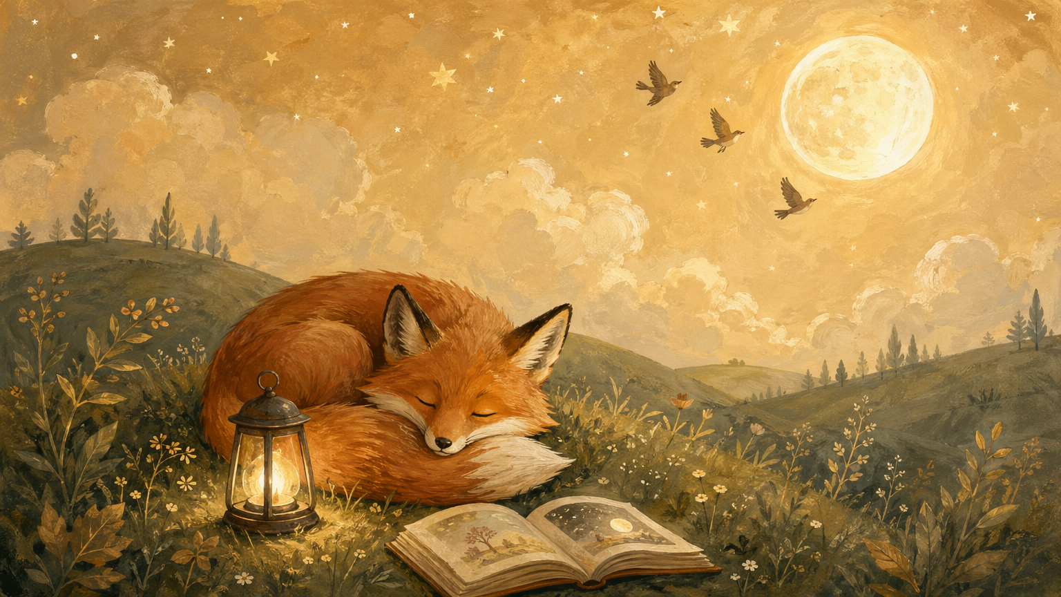 Personalized bedtime story app for kids ages 2-7 — cozy fox on parchment hills, HabitStories iOS app